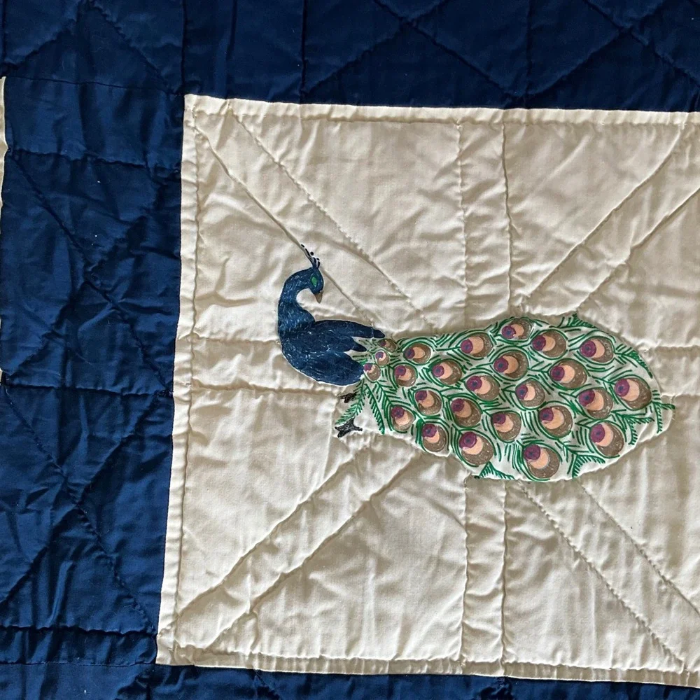 Vintage Style Peacock Applique Hand Quilted Navy Blue White Cotton Quilt Blanket